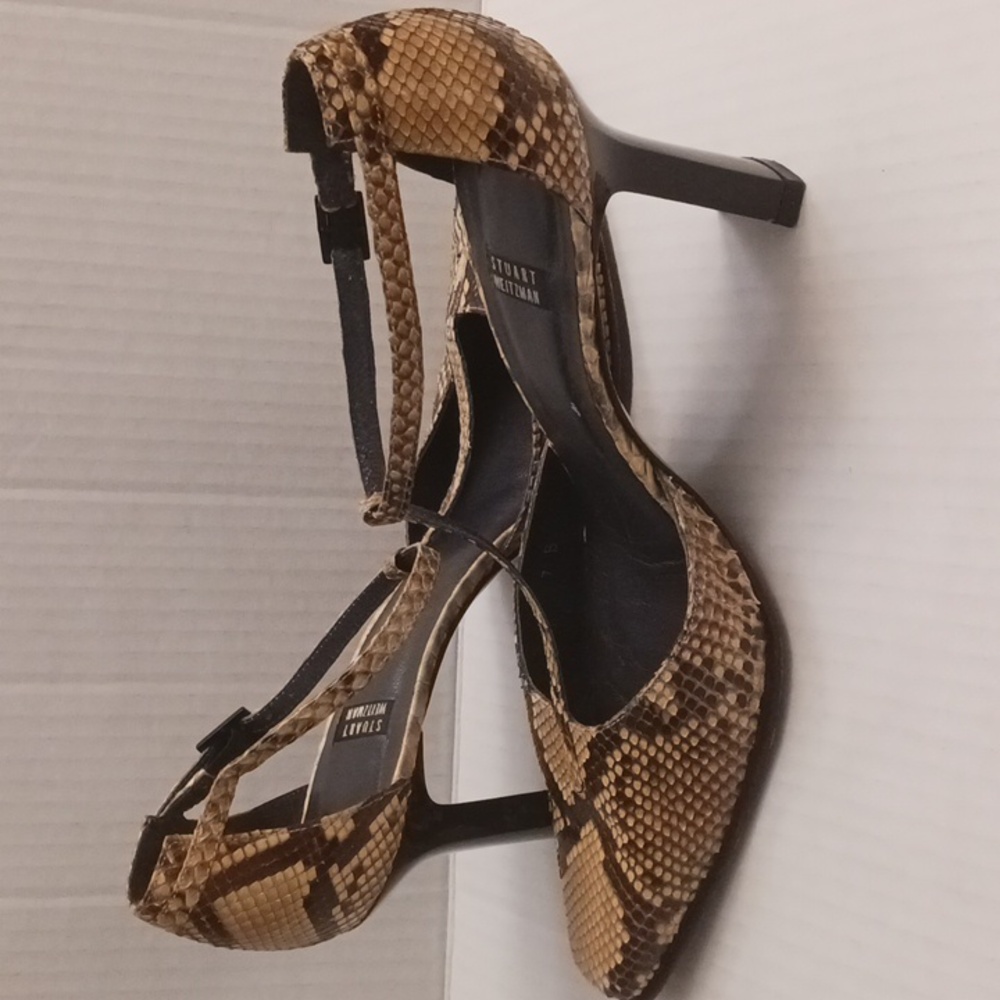 Stuart Weitzman size 7B women's snake print t-strap high-heel shoes brown cream. - Picture 5 of 17